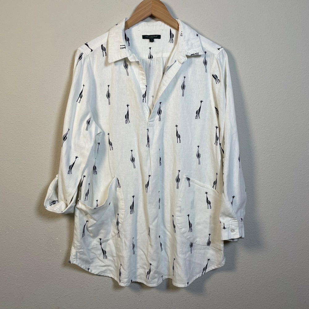 For Cynthia Giraffe Print Pullover Tunic Shirt Womens 1X White Linen Blend